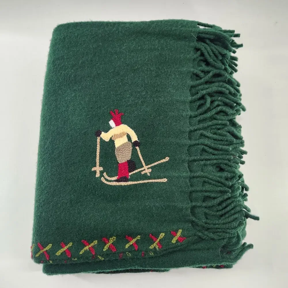 Laura Megroz Chandler 4 Corners Wool Throw Blanket w/Bag Skier Embroidered 54x70